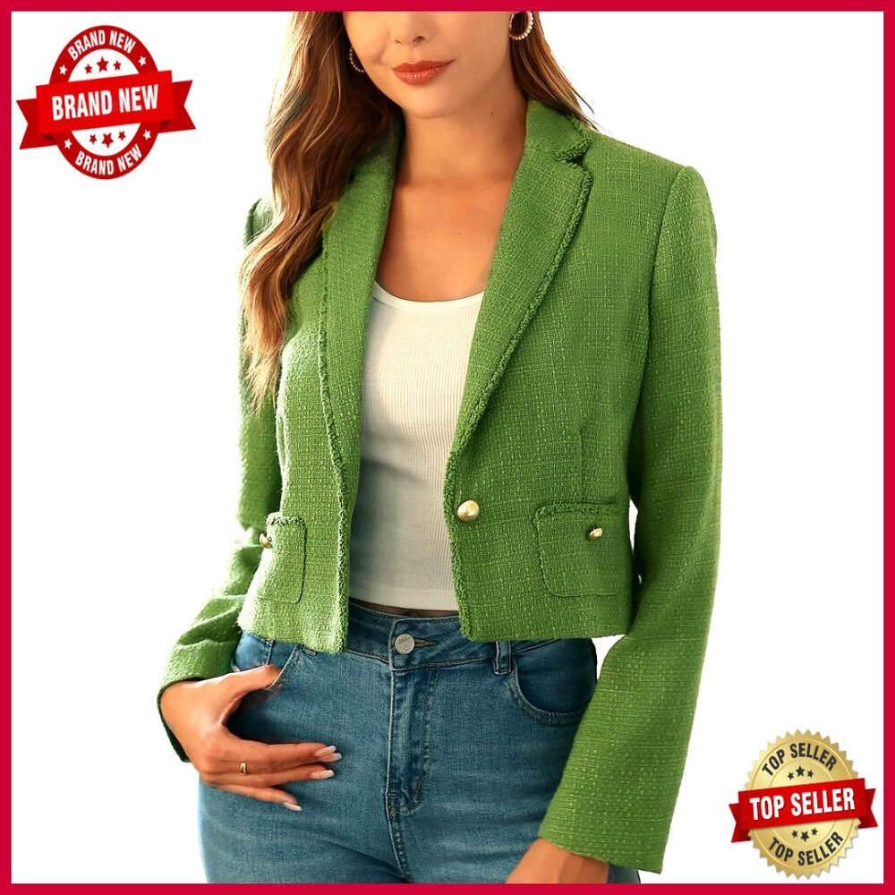 Cropped Tweed Blazer With Pockets Long Sleeve Open Front Notch Lapel